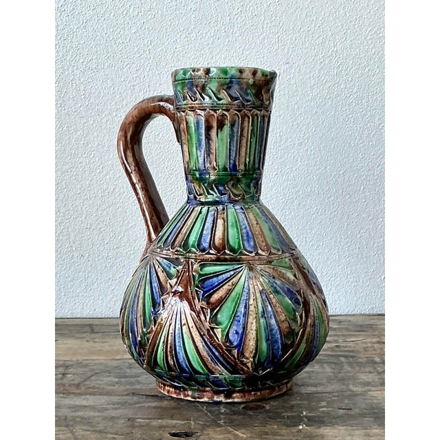 Vintage Hand Painted Glazed Ceramic Pitcher For Sale - Image 4 of 11