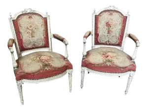 19th Century French Aubusson Tapestry & Carved Wood Fauteuil Arm Chairs - a Pair