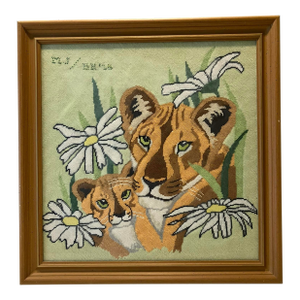 1970's Framed Handmade Needlepoint Lioness & Cub