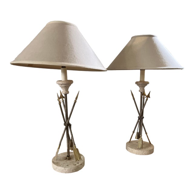Mid 20th Century French Arrow & Tassel Lamps on Travertine Bases With Original Fabric Shades-a Pair For Sale