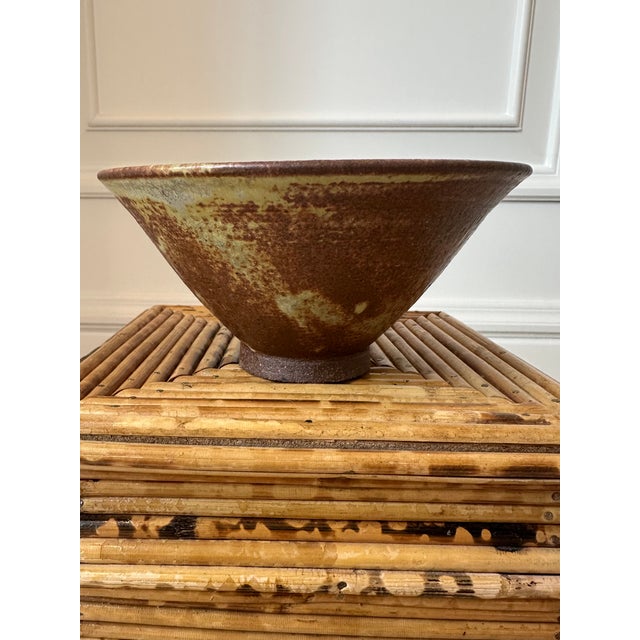 Vintage 1970’s Signed Brown Terracotta Bowl in Bronze & Pale Green Shades For Sale - Image 9 of 17