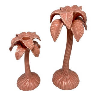 1980s Pair of Fitz & Floyd Flamingo Pink Palm Tree Candle Holders Porcelain For Sale