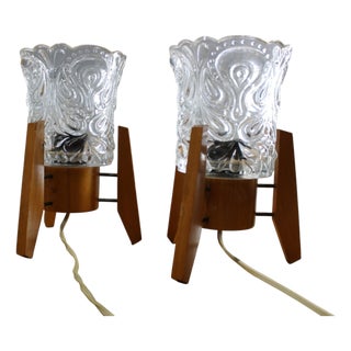 Mid-Century Czech Wood and Glass Table Lamps, 1970s, Set of 2 For Sale