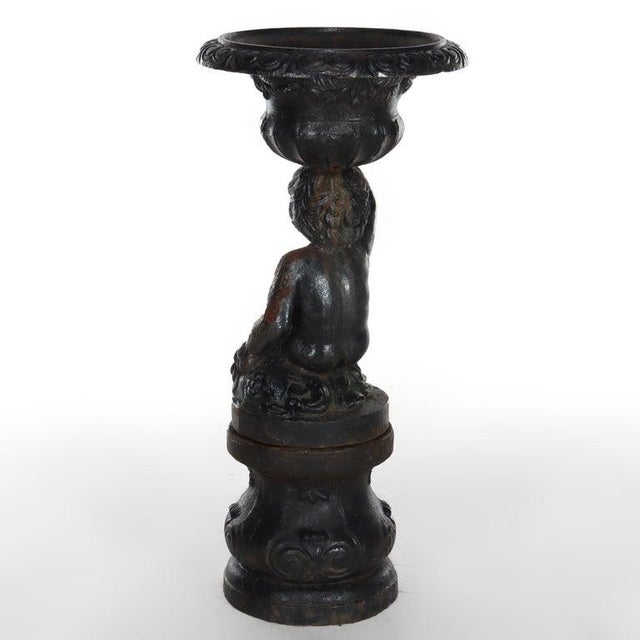 Black Antique Neoclassical Cast Iron Figural Cherub Garden Urn C1890 For Sale - Image 8 of 10