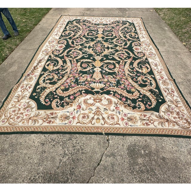 French-Aubusson-Style Tapestry, Floral Motif on Green and Cream Ground For Sale In Dallas - Image 6 of 6