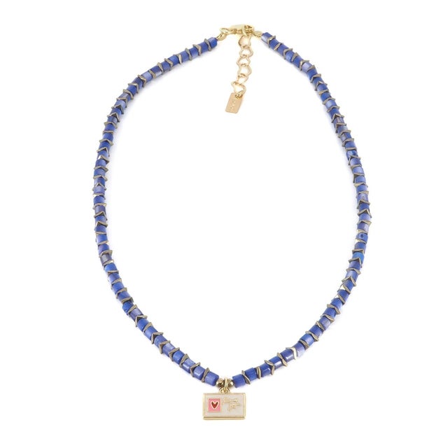 Modern Love You Enamel Heart Pendant Blue Choker Necklace For Sale - Image 3 of 10