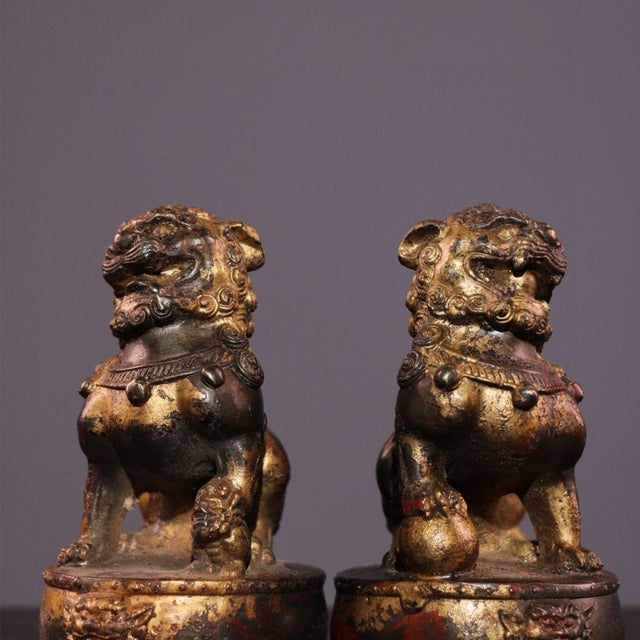 Pair Antique Chinese Gilt Bronze Foo Dog Guardian Lion Statues, Decorative Scholar’s Table Figurines For Sale - Image 4 of 9