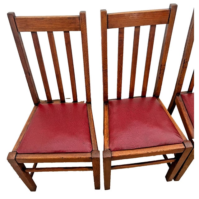 1910s Antique Craftsman Chairs Set of Four, Spindle Back Solid Oak, Maroon Vinyl Seats For Sale - Image 5 of 10