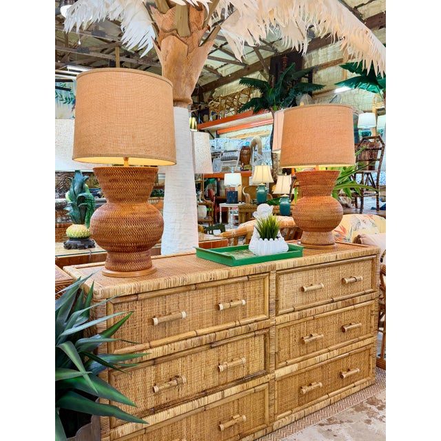 Pair of Vintage Sculptural Woven Rattan Table Lamps With Original Shades For Sale - Image 12 of 12