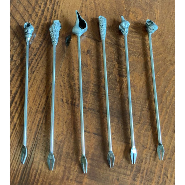 Mid-Century Modern Vintage Metzke Pewter Shell Cocktail Picks, Set of 6 With Box For Sale - Image 3 of 10