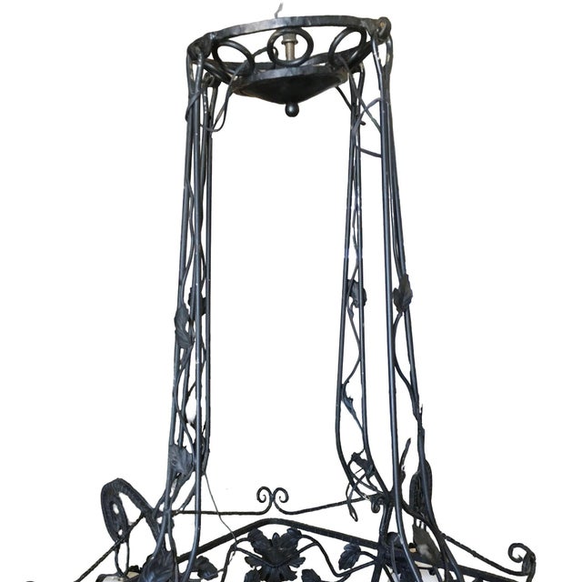 1990s 1990s French Country Style Wrought Iron 4 Light Chandelier W/ Alabaster Shades For Sale - Image 5 of 7