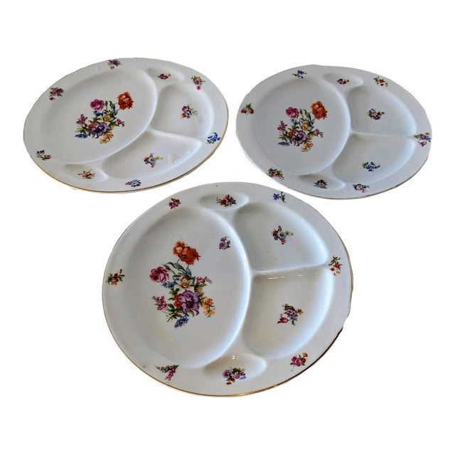 Set of 3, 1950s Dresden Pordelain Floral, Gold Trim Grill Plates by Pirkenhammer For Sale