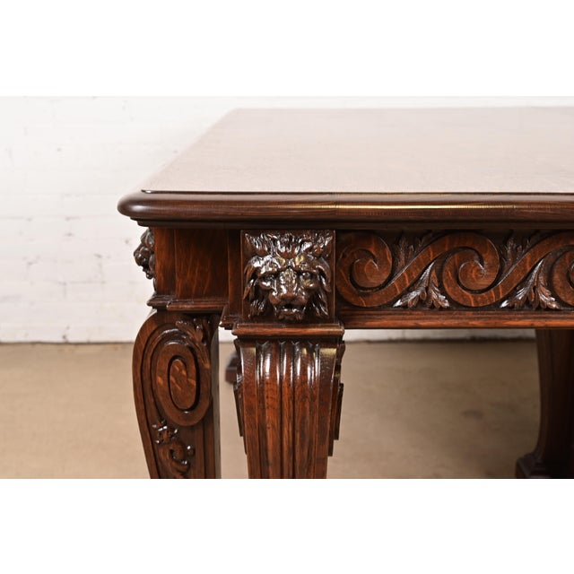 R. J. Horner Style Monumental Antique Victorian Carved Oak Extension Dining Table, Newly Refinished For Sale - Image 12 of 16