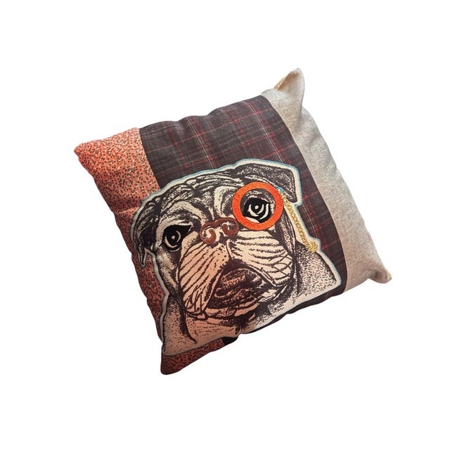 Illustration Custom Whimsical Bulldog Throw Pillow With Monocle Patchwork Design For Sale - Image 3 of 5