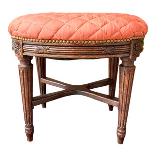 Vintage Louis XVI Style Upholstered Carved Wood Stool / Ottoman For Sale