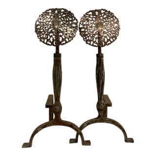 Late 19th Century Arts and Crafts Filagree Brass Rosette Andirons For Sale