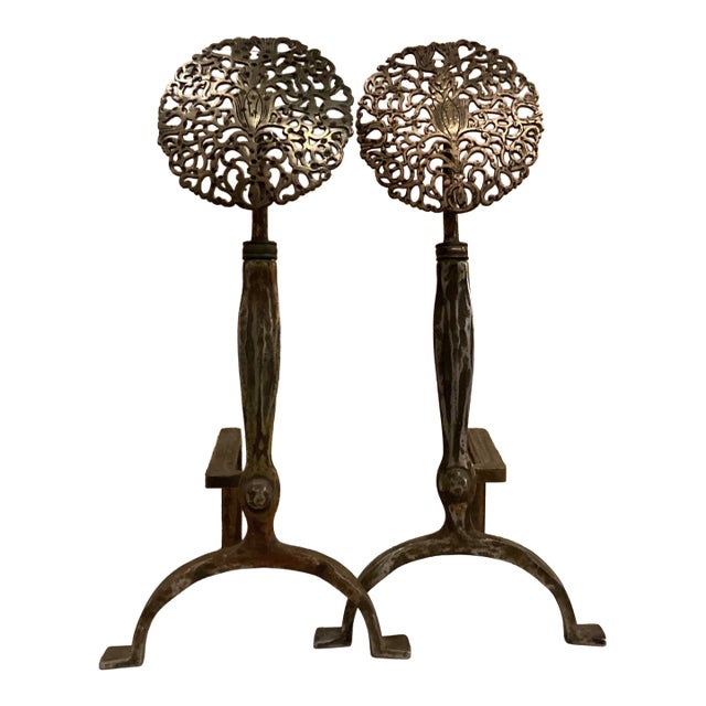 Late 19th Century Arts and Crafts Filagree Brass Rosette Andirons For Sale