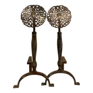 Late 19th Century Arts and Crafts Filagree Brass Rosette Andirons