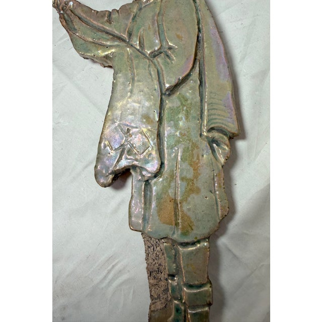 Big Antique Handmade Figural Green Iridescent Glaze Man Pottery Wall Tile Art For Sale In New York - Image 6 of 11