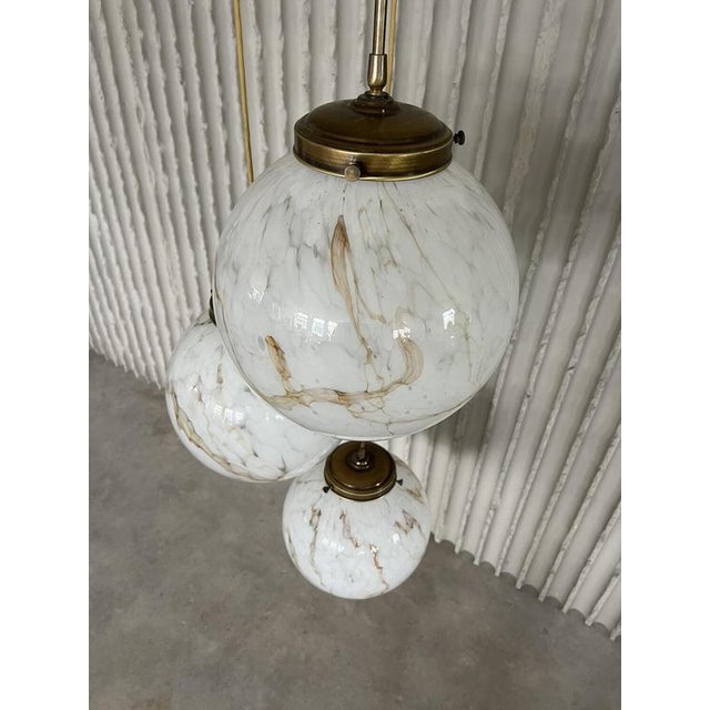 3-Globe Pendant Light in Marble-Patterned Glass and Brass, 1960s For Sale - Image 4 of 6