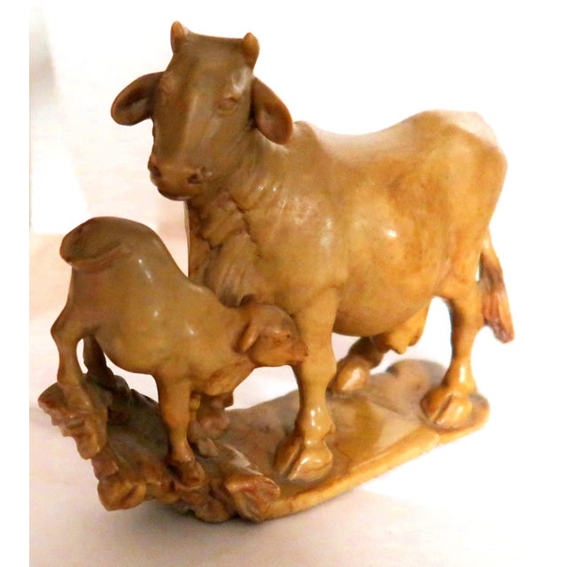 Brown Japanese Yellow Jasper Hardstone Carving of a Cow and Calf For Sale - Image 8 of 16