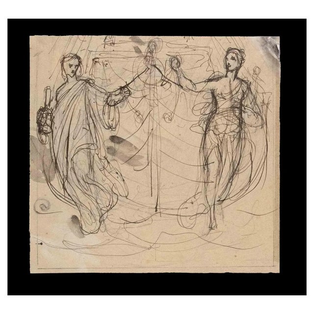 Jean-Baptiste Auguste Leloir, Two Dancing Figures, 19th-Century, Ink on Paper For Sale