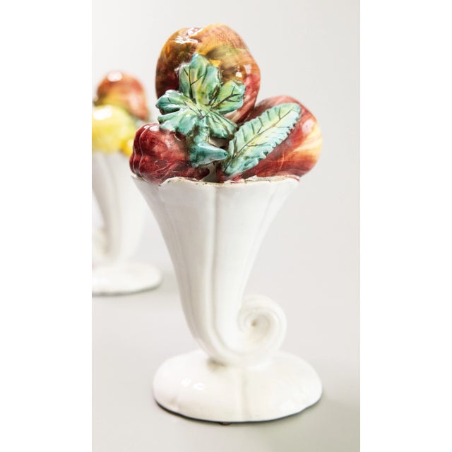 Paint Vintage Italian Majolica Fruit Cornucopia Arrangements Centerpieces - A Pair For Sale - Image 7 of 10