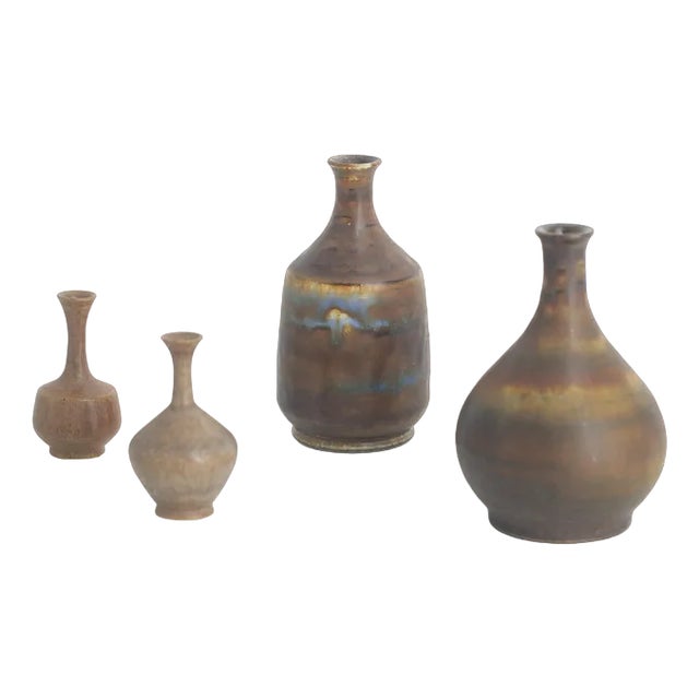 Small Mid-Century Scandinavian Modern Brown Stoneware Vases by Gunnar Borg for Höganäs Ceramics, 1960s, Set of 4 For Sale