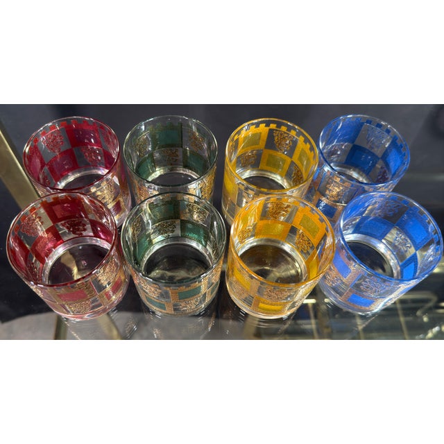 West Virginia Glass Specialty Co. Vintage West Virginia Glass 'Henry Viii' Jewel Tone & Gold Rocks Glasses - Set of 8 For Sale - Image 4 of 7