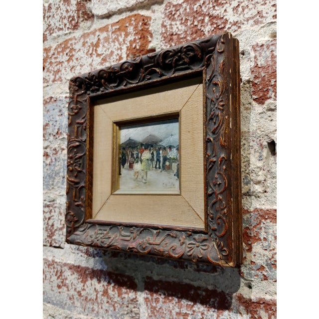 Wood Women at the Market 1920s French Impressionist -Oil Painting For Sale - Image 7 of 9