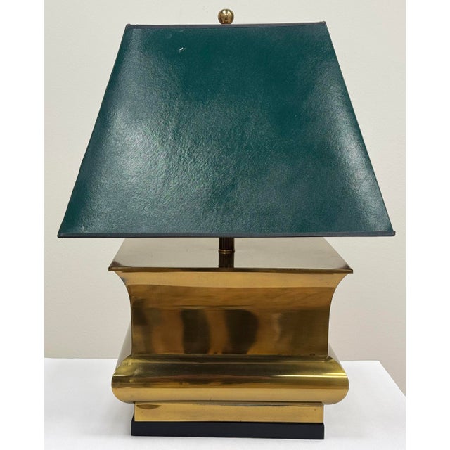 Underwriters Laboratories Vintage Large Brass Table Lamp W/ Oversized Painted Green Shade For Sale - Image 4 of 9