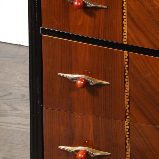 Art Deco Book-Matched Walnut & Black Lacquer Detailed Chest W/ Bakelite Pulls For Sale - Image 9 of 18