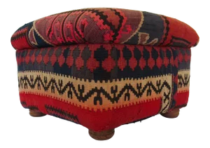 Vintage Turkish Kilim Footed Ottoman With Round Wood Turned Feet Made in Pakistan