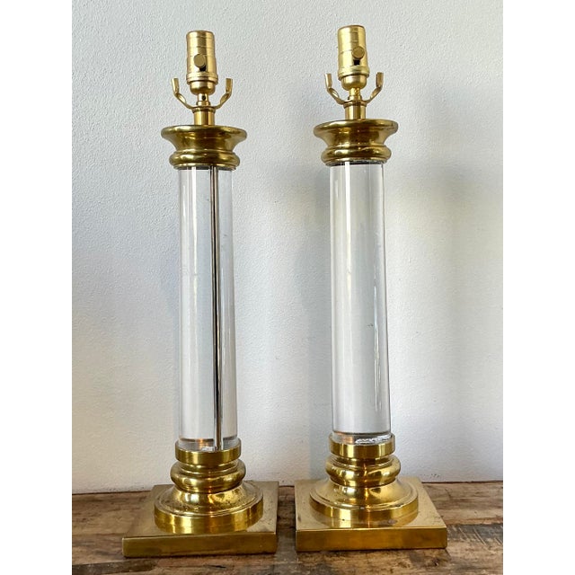 Mid-Century Modern Vintage Crystal Column Lamps - A Pair For Sale - Image 3 of 12