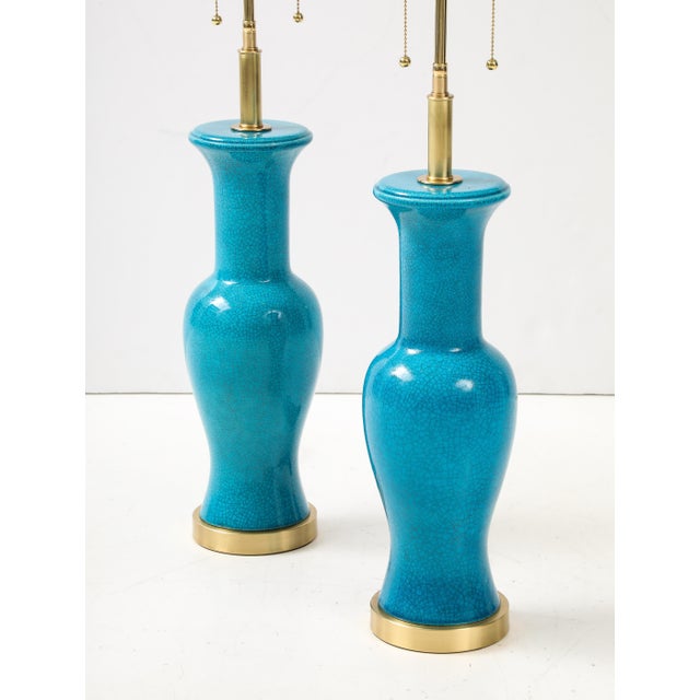 Paul Hanson Cerulean Blue crackle Glazed Ceramic Lamps - a Pair For Sale - Image 4 of 11