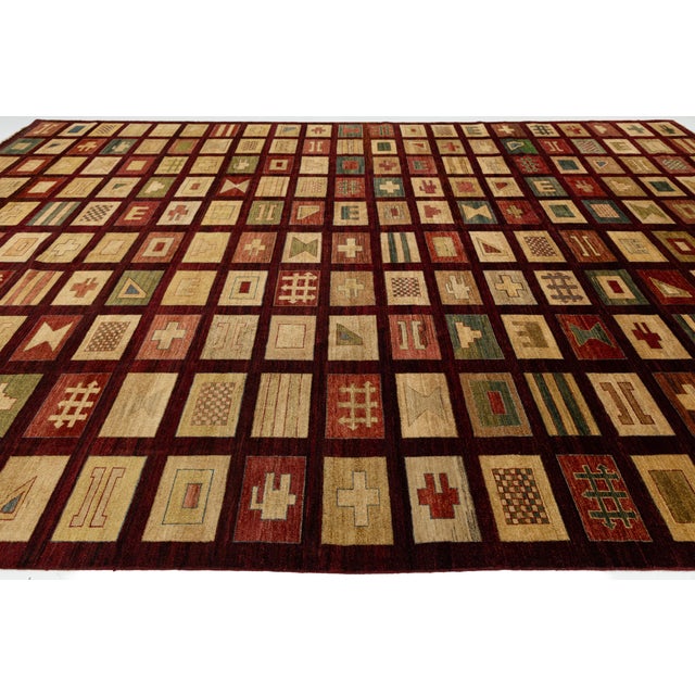 2020s Modern Geometric Grid Hand-Knotted Wool Area Rug in Deep Burgundy & Earth Tones For Sale - Image 5 of 12