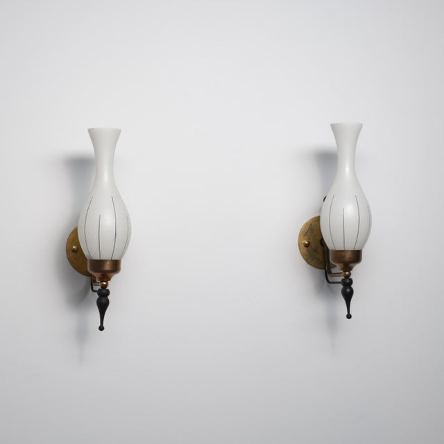 Wood Italian Brass, Black Lacquered Metal and Opaline Glass Wall Sconces, 1950s, Set of 2 For Sale - Image 7 of 10