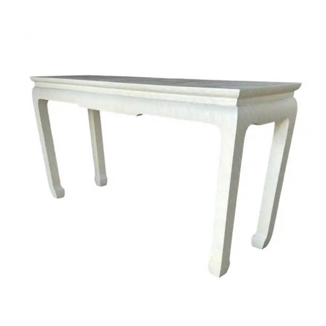 Baker Furniture Company Chinese Style Cream Linen-Veneered Raffia Sofa Console Table. Founded in 1890, Baker furniture...