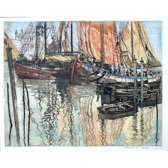 Nautical Vintage Color Etching Venice Italy Sail Boats Gondolas St Mark's Basilica by Franz Xavier Wolf For Sale - Image 3 of 7