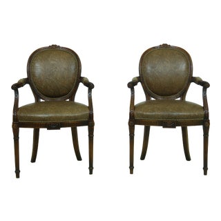 Pair Theodore Alexander Mahogany & Leather Open Armchairs For Sale