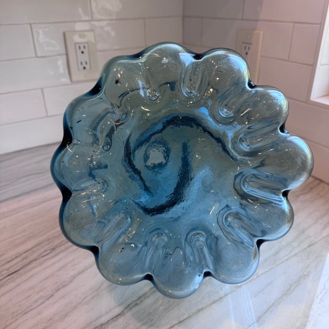 Vintage Sculptural Aqua Blue Glass Demijohn Bottle Large MCM Style Art Glass Vase For Sale - Image 12 of 16
