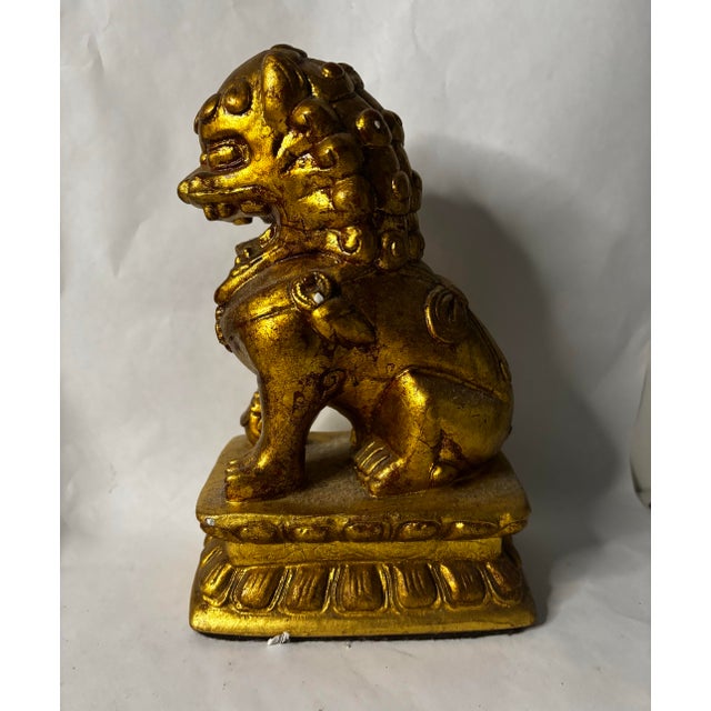 Chinoiserie Early 20th Century Chinese Gilt Buddhist Guardian Lion on Lotus Base For Sale - Image 3 of 11
