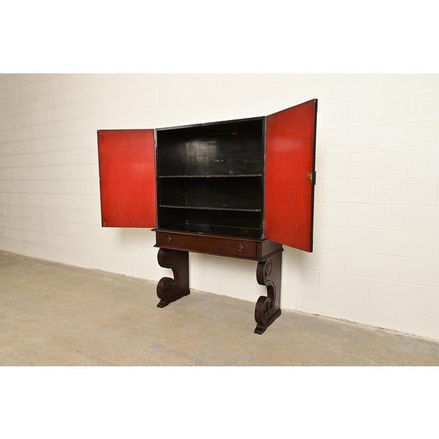 Hollywood Regency Chinoiserie Red Lacquered Hand Painted Bookcase or Bar Cabinet, Circa 1920s For Sale In South Bend - Image 6 of 17