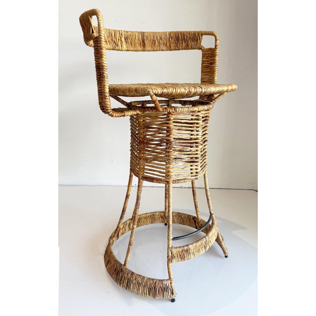 Mid-century Rush, Iron Bar Stools by French Designer Roger Coster, Seat 28" High Offered for sale is a pair of bar height...