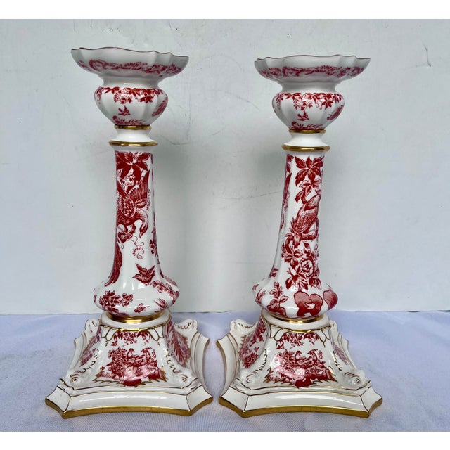 Red 1981 Royal Crown Derby "Red Aves" Fine Bone China Candlesticks - A Pair For Sale - Image 8 of 18