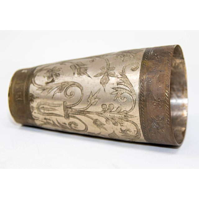 Metal Antique Engraved Metal Silvered Beaker or Vase From India 1940s For Sale - Image 7 of 11