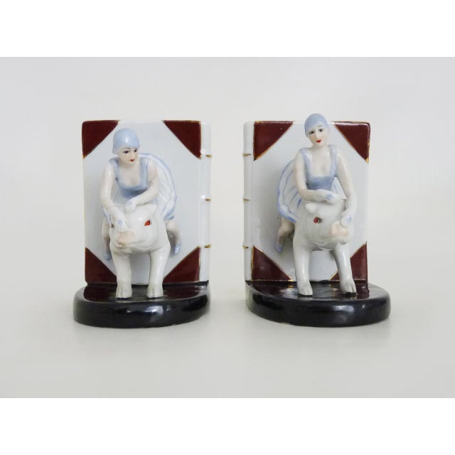 Italian Art Deco Bookends Woman on Ceramic Pig, 1930s For Sale - Image 4 of 11