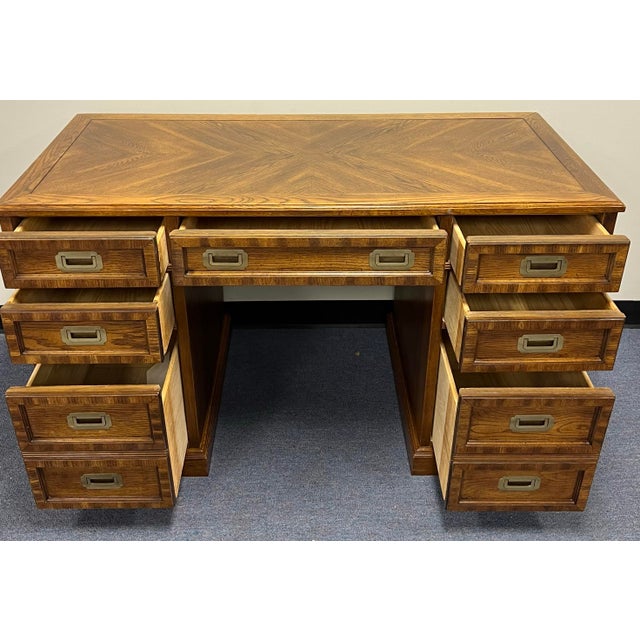 Wood Vintage Campaign Style Double Pedestal 7 Drawer Desk For Sale - Image 7 of 11