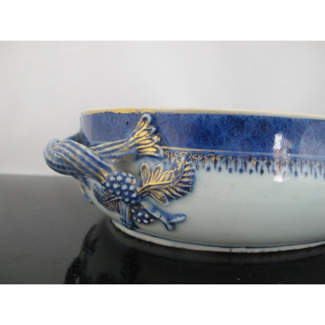 Chinese Export Canton Blue Nanking Village Armorial Porcelain Serving Bowl For Sale - Image 9 of 14