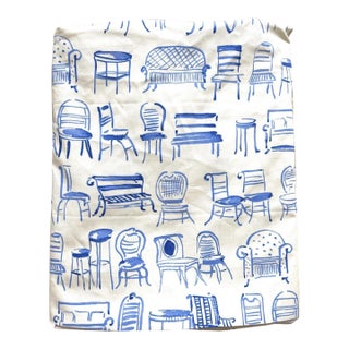 Vintage Novelty Decor Fabric Blue & White Chair Motif Upholstery Designer 8 Continuous Yards For Sale